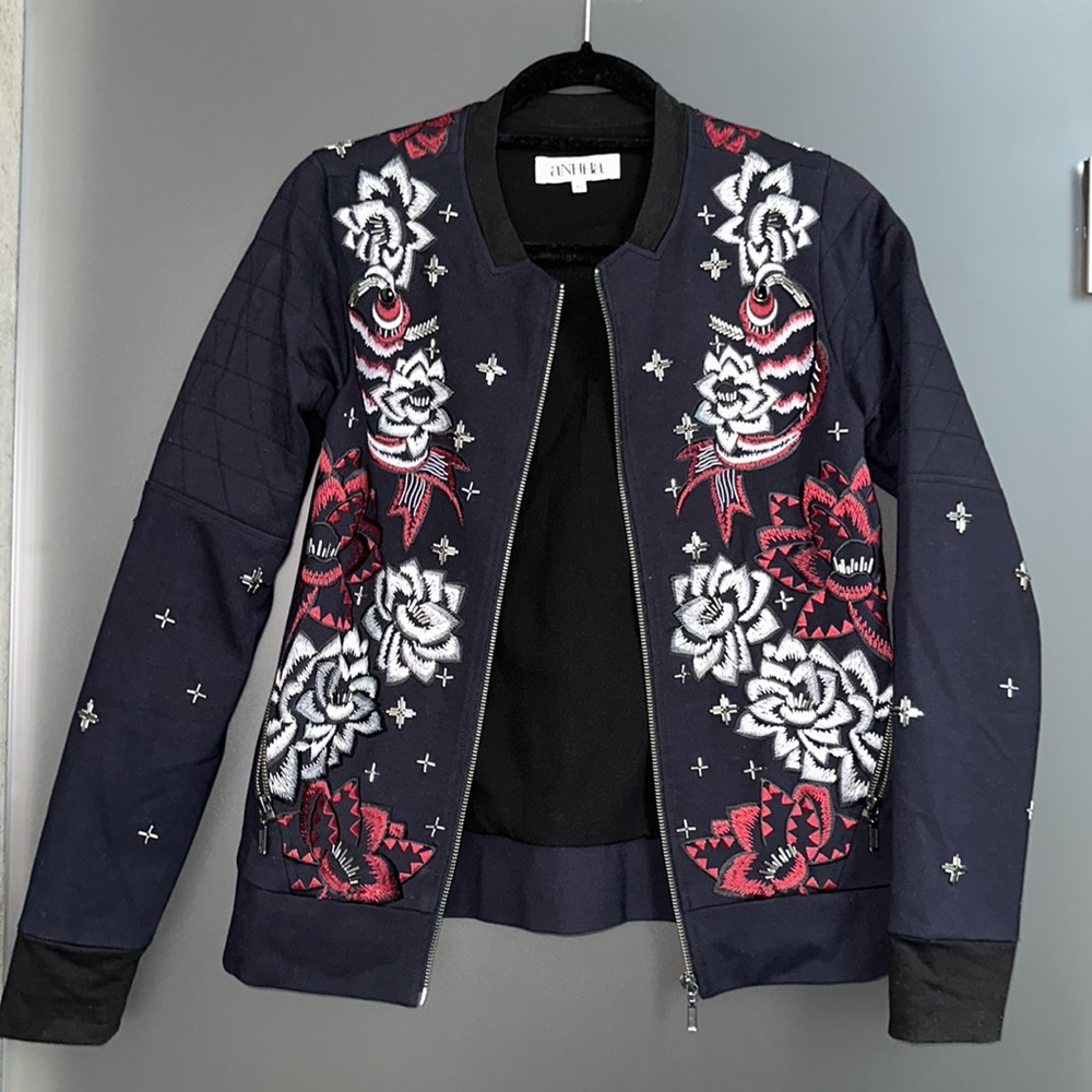 Anhha Floral Embellished Embroidered Navy Blue Gunmetal Bomber Zip Jacket